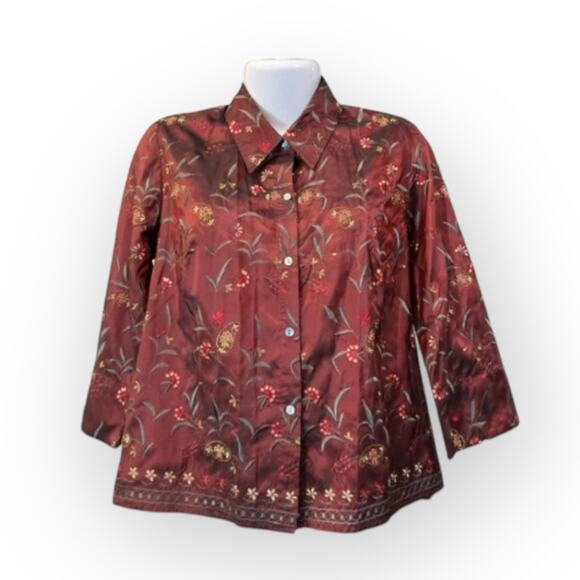 David Brooks Women's Burgundy w/ Floral Embroidery Silk Button-Up Shirt SZ M - Picture 1 of 8